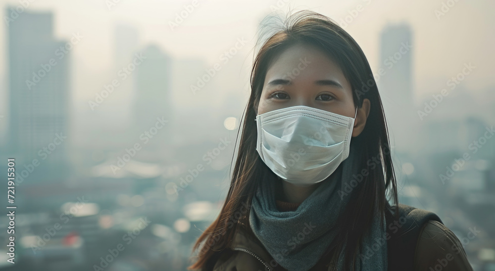 Air pollution pm2.5 concept, Asian woman wear N95 masks to protect against PM 2.5 dust and air pollution .