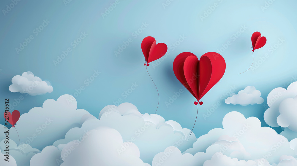 Balllon heart paper cut desing, on soft blue sky background, love, heart shape, valentine's day