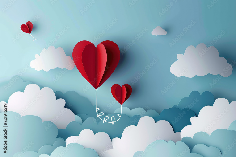Balllon heart paper cut desing, on soft blue sky background, love, heart shape, valentine's day