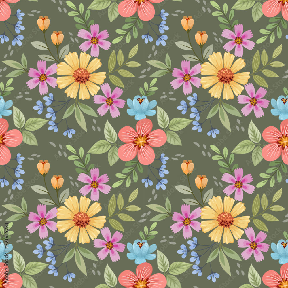 Beautiful blooming flowers design on green color background seamless pattern. Can be used for fabric textile wallpaper.
