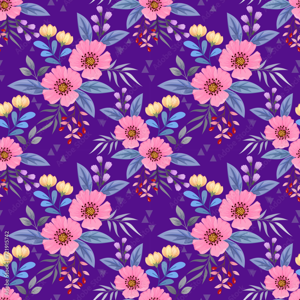 blooming colorful flowers and leaf on purple color background seamless pattern. Can be used for fabric textile wallpaper.