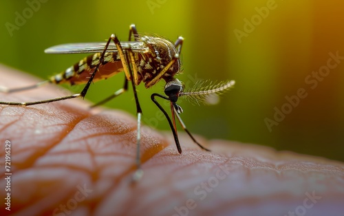Malaria Infected Mosquito suck blood on skin. Leishmaniasis, Encephalitis, Yellow Fever, Dengue, Malaria Disease, Mayaro or Zika Virus Infectious Culex Mosquito Parasite Insect Macro. photo