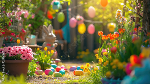 A magical Easter garden scene with a stone bunny statue surrounded by vivid flowers and scattered multicolored Easter eggs in the sunlight.
 photo