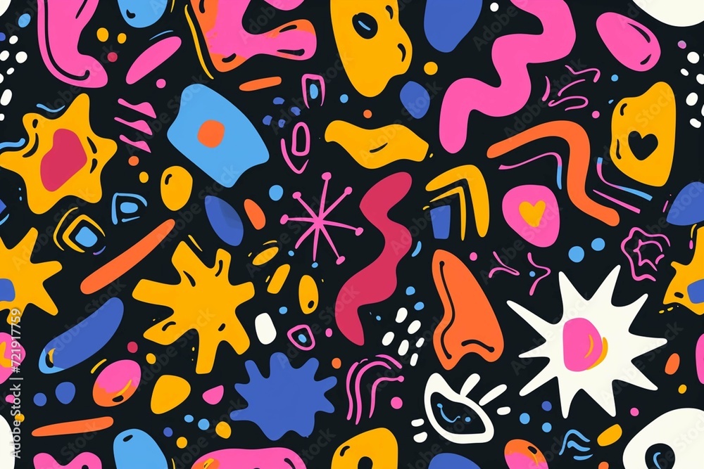 Abstract colorful neon print seamless pattern illustration in retro 80s style. Trendy background with creative line drawing.