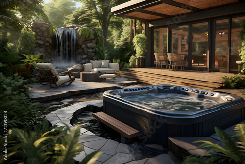 A backyard oasis with a custom built-in hot tub and waterfall