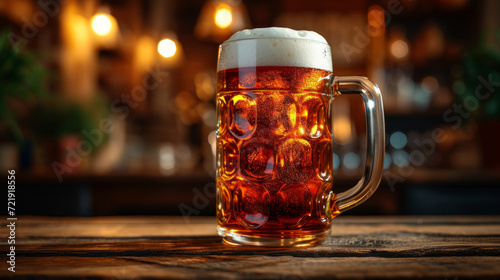 Chilled beer in a classic mug with frothy head, showcased on a pub's wooden counter. Traditional brew and pub culture concept. Design for brewery advertising and hospitality themes