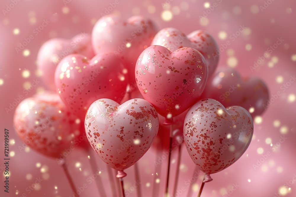 Close-up of heart balloons forming a heart shape on a pink and gold background,