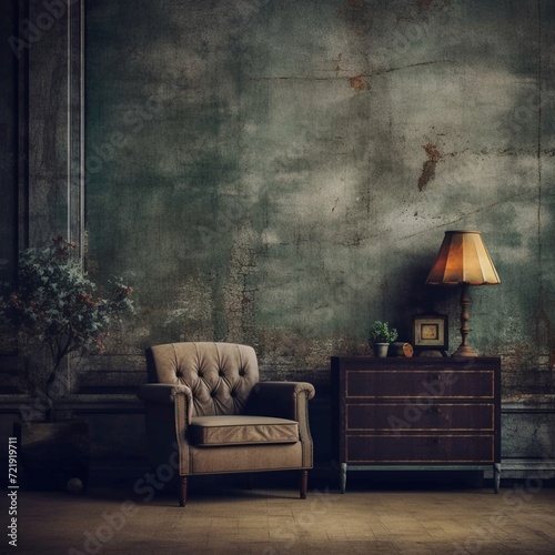 Chair and a lamp in a grungy interior