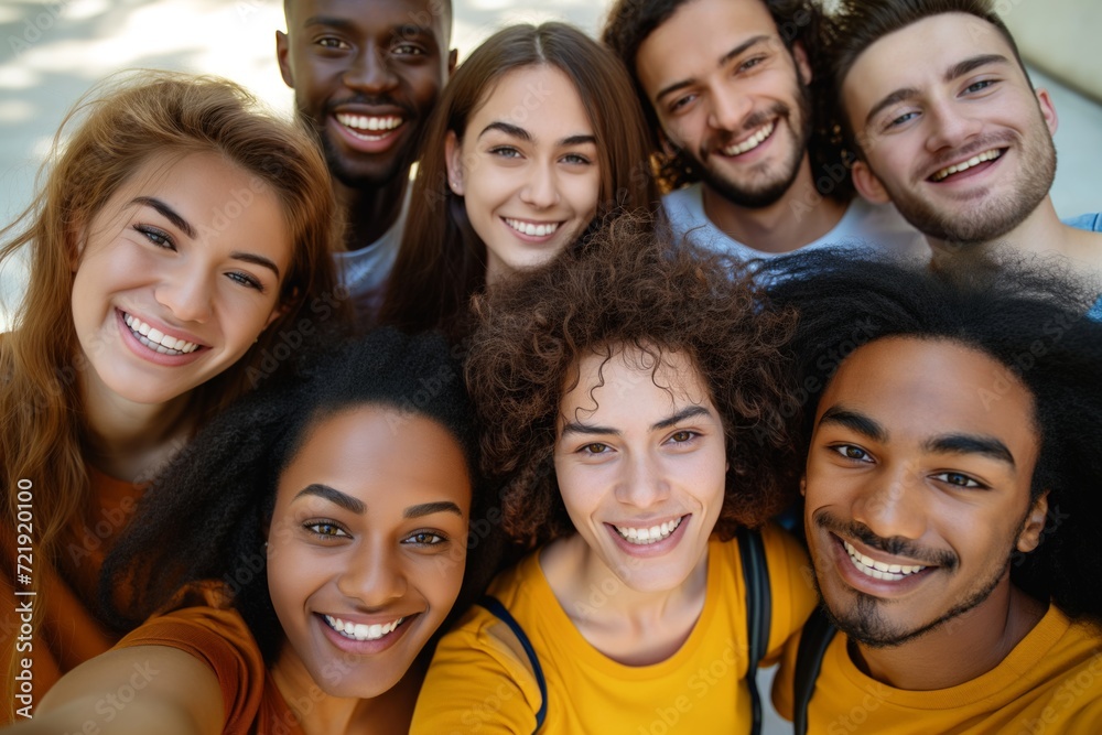 Multi Ethnic men and women students having fun together taking selfie outdoors Multi Ethnic men and women students having fun together taking selfie outdoors