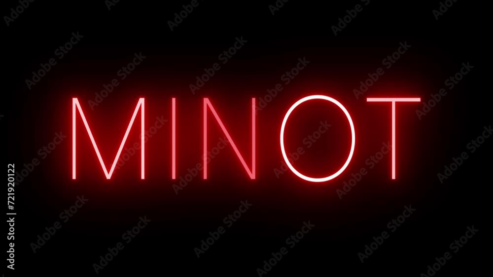 Flickering red retro style neon sign glowing against a black background for MINOT