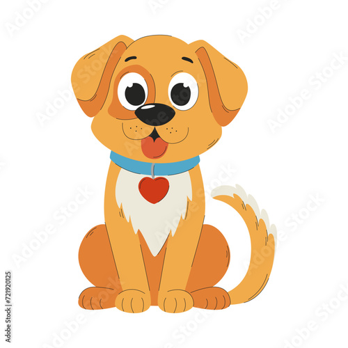 The cute puppy is sitting with his tongue hanging out. A flat cartoon vector illustration isolated on a white background.