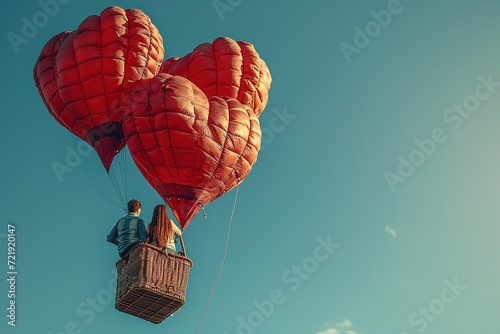 Couple enjoying a hot air balloon ride with heart-shaped balloons