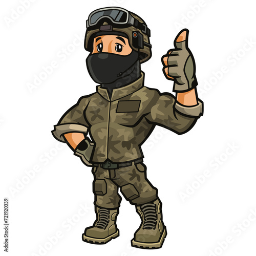 army soldier in camouflage and helmet with put his finger up, vector, logo, cartoon, mascot, character, illustration