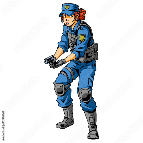 Police officer girl in cap with handgun, vector, logo, cartoon, mascot, character, illustration