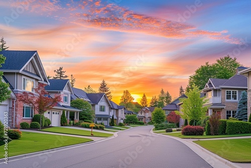 Cull de sac classic dead end street surrounded by luxury two story single family homes in new residential East Coast USA real estate suburban neighborhood dramatic colorful yellow orange sunset sky photo