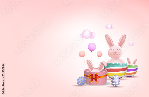 Easter bunny with colorful Easter eggs. Happy Easter holiday concept, minimalistic style, 3d vector. Space for copying.