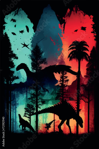 Vector Collection of Colorful Dinosaur Silhouettes: Diplodocus, Tyrannosaurus, Velociraptor, Stegosaurus, Triceratops, Pterodactyl, Brachiosaurus, Allosaurus, and More