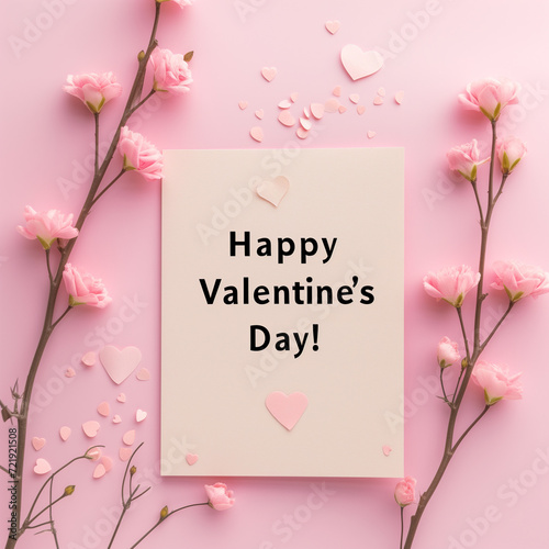 Happy Valentine's Day card on a pink background with flowers. photo