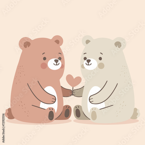 cute adorable cartoon flat vector style animal character baby teddy bear doll couple giving gift red heart shape love in middle, happy valentine day illustration, greeting card holidays birthday party © Shafad
