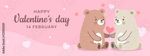 cute cartoon flat vector animal character baby teddy little bear doll couple giving gift red heart shape banner website, happy valentine day text illustration greeting card holidays sending love happy