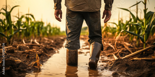 Farmer standing in a flooded cornfield, reflecting on climate change's impact on agriculture, food security, and rural economy