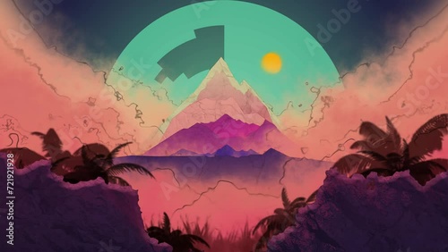 Lofi Background, landscape of mountains in the clouds, watercolor tones, loop 20-sec.