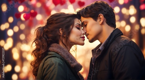 Beautiful young couple kissing on the background of bokeh lights
