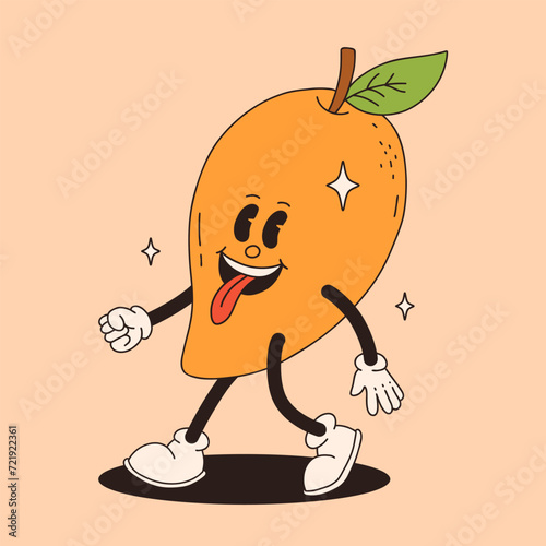 Groovy mango mascot. Funky retro character. cartoon mango, smiling, walking. Funny vintage trendy style character. Doodle Comic collection