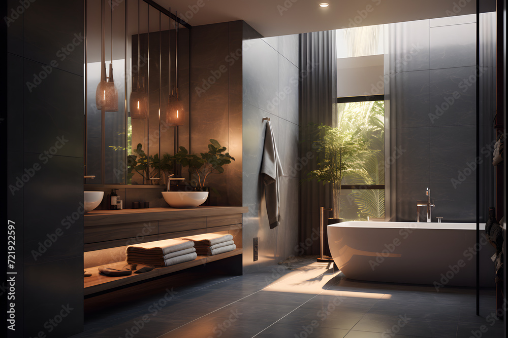 Fototapeta premium A bathroom with a combination of recessed and pendant light