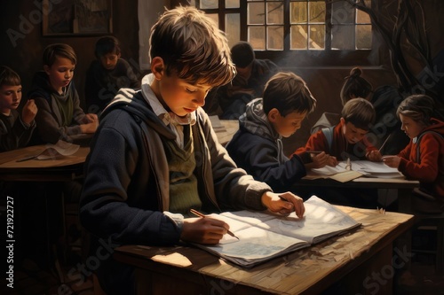 Teenage schoolboy sitting at classroom and doing exam with his classmates