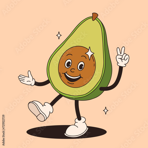 Groovy avocado mascot. Funky retro character. cartoon avocado, smiling, walking. Funny vintage trendy style character. Doodle Comic collection