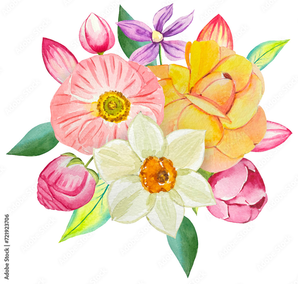 Spring watercolor bouquet, compositions with flowers