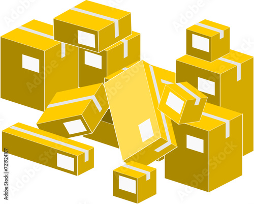 3D illustration of various types and sizes of closed and labeled packaging boxes in a messy condition isolated on a transparent background