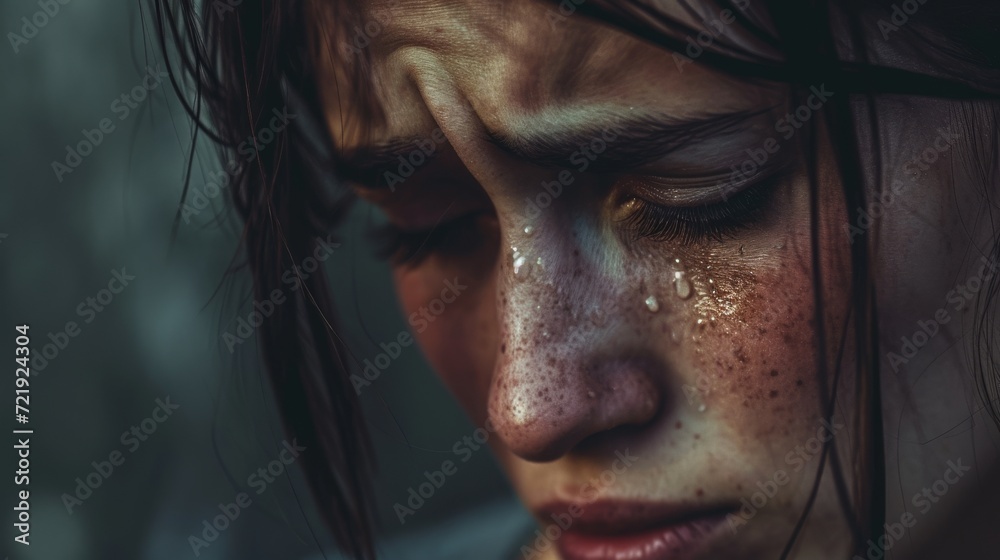 A vulnerable human face captured in a closeup screenshot, highlighting the raw emotion of a woman's tears and the delicate details of her eyelashes, skin, and eyebrows