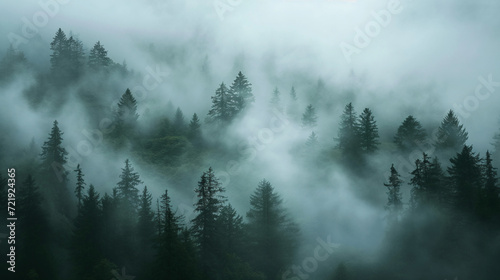 Mystischer nachdenklicher Ort in der Natur mit Nebel Wald und Bäumen im Nebel sowie Leuchtturm am Wasser mit Sturm Generative AI © Imagecreator