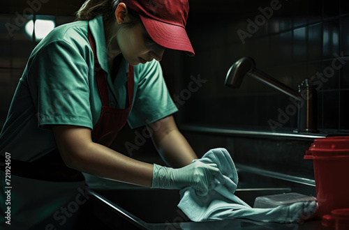 A woman canteen worker washes dishes