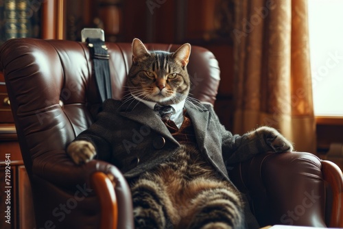 A sophisticated feline lounges in a leather armchair, exuding domestic elegance with its whiskers and sleek suit photo