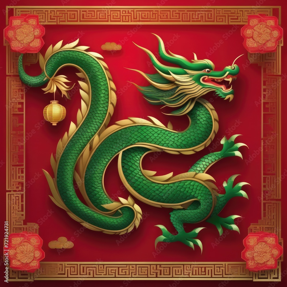 Obraz premium Green dragon on red