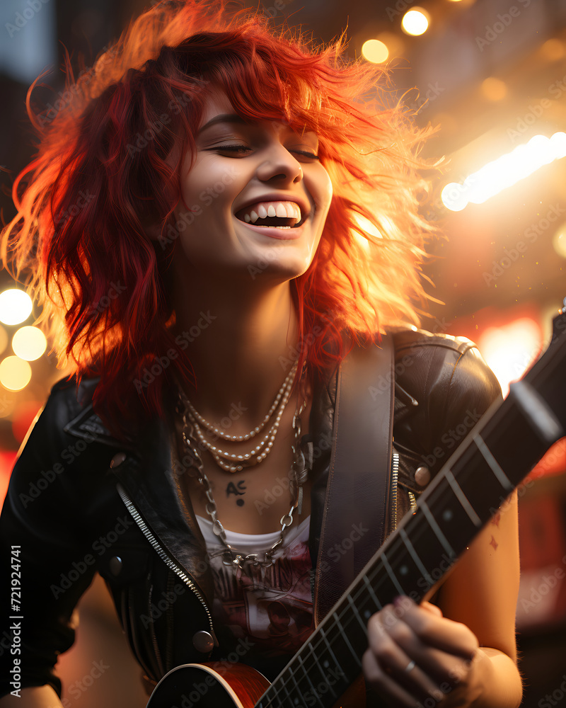 Beautiful Redhead Rockstar Woman Playing Guitar
