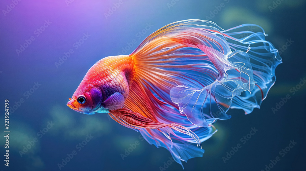 A vibrant orange goldfish with flowing fins swims gracefully against a serene blue gradient background.