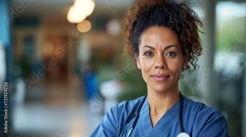 A young woman in blue scrubs stands confidently outdoors, her black hair framing a smiling face with arched eyebrows and a hint of determination in her chin, exuding a sense of strength and purpose i