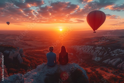 Couple enjoying a scenic hot air balloon ride at sunset