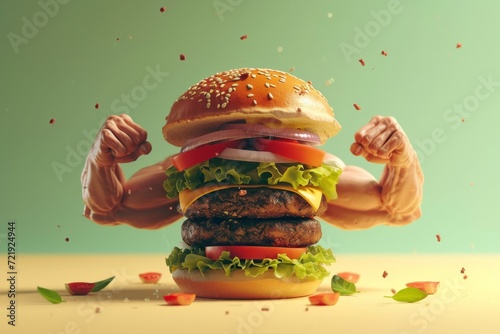 Indulge in the ultimate fast food experience with a towering burger overflowing with succulent meat patties, all wrapped up in a soft bun and topped off with a hand flexing in satisfaction photo