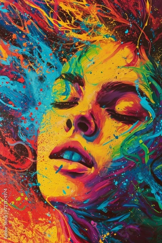 A mesmerizing blend of vibrant colors and abstract lines come together in this modern acrylic painting, capturing the essence of a woman's face in a psychedelic display of art