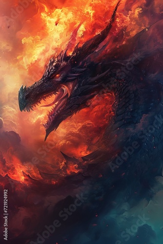 A fierce dragon, painted with fiery strokes against a backdrop of molten lava, embodies the raw power and beauty of nature's inferno
