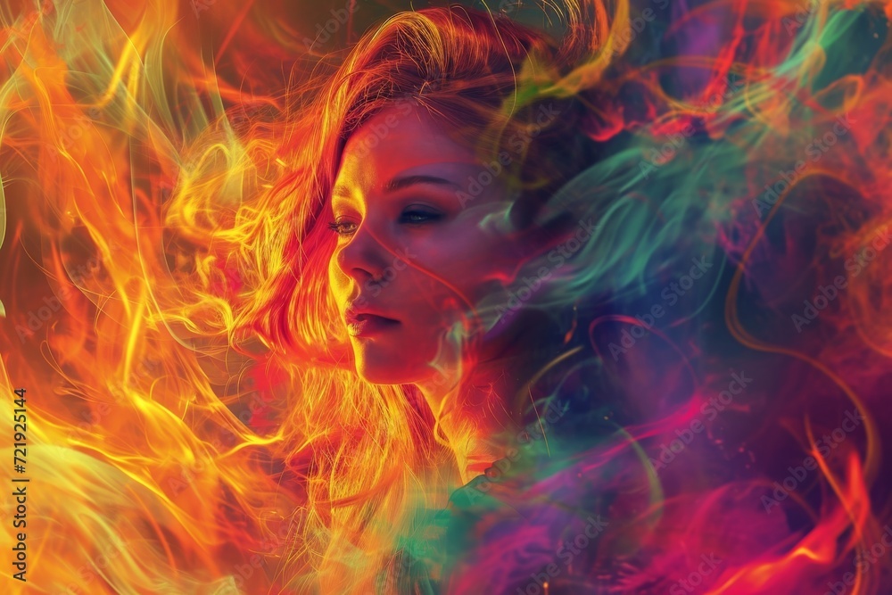 An enigmatic woman with blazing red hair and a fiery aura of colorful smoke embodies the essence of passion and creativity in this captivating piece of art