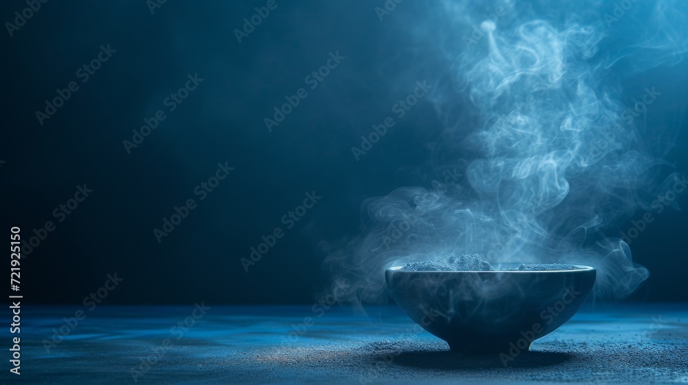 dark blue background The scene was empty and breathtaking, with smoke rising from below. Create a captivating environment to showcase your products.