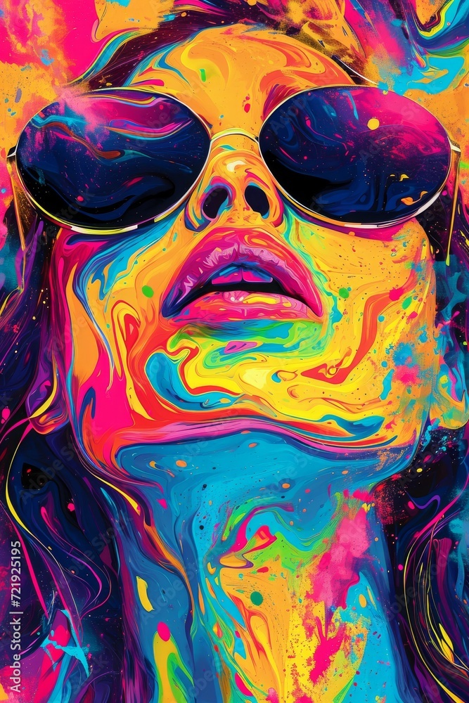 A vibrant and colorful abstract painting of a woman with sunglasses, created using acrylic paint and incorporating elements of modern and psychedelic art