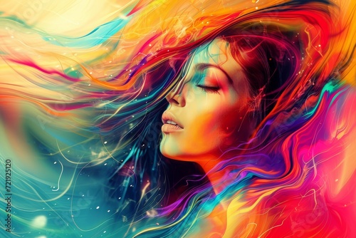 A vibrant woman with a kaleidoscope of hair, her face a canvas of modern art, evoking emotion through her bold portrait
