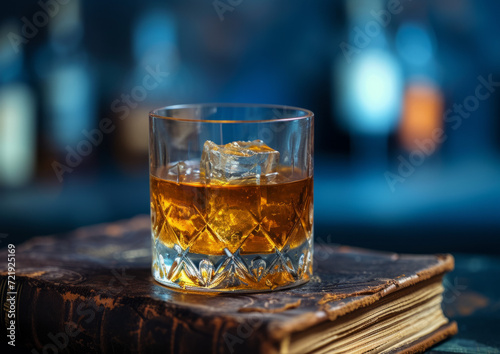 Aged whisky on the rocks in a cut crystal glass, placed on an antique book with a blurred bar background. Vintage and storytelling concept. Design for spirit connoisseur articles and classic bar ambia photo